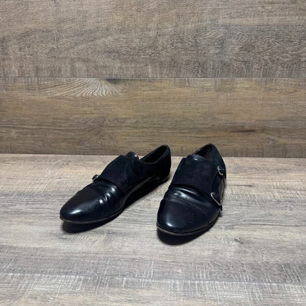 Double Buckle Monk Strap Black Leather/Suede Low Heel Shoe Women's Size EU 37